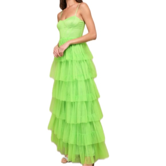 Lulus Rule the Runway Lime Green Tulle Bustier Straps Prom Tiered Maxi Dress M/L - Picture 15 of 15